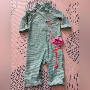 Baby Boden Green Striped Rashguard with Flamingo